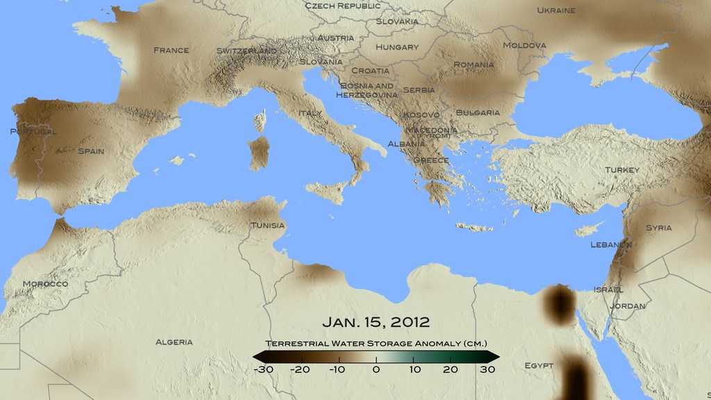 Print resolution image showing less than normal ground water saturation throughout the Mediteranean region on January 15, 2012. This image includes the date and colorbar overlay.