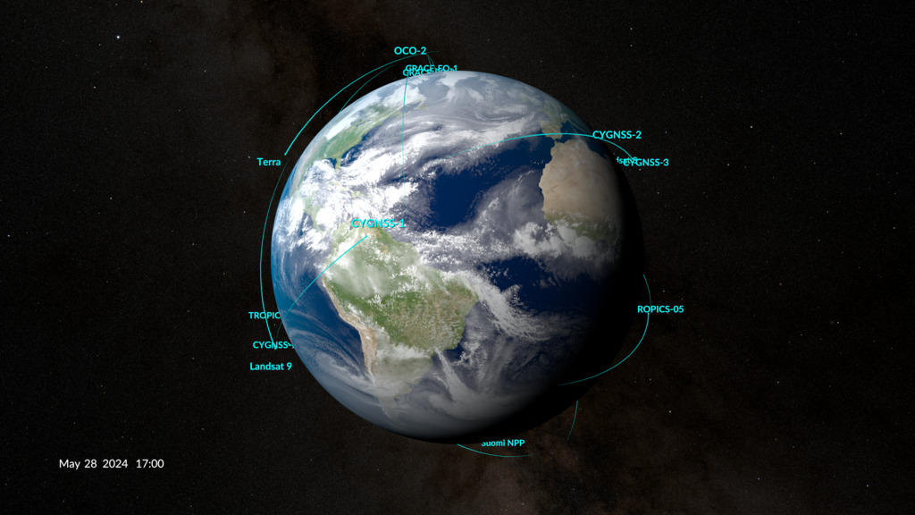 A current view of NASA's Earth observing fleet. This image is updated every 10 minutes. Time shown in UTC. 