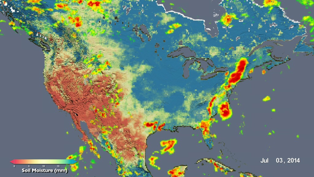 LEAD: A network of Earth-observing satellites is helping to track crop growing conditions around the world.

1. Rainfall, shown here as radar-like moving bands of reds and yellows, can now be tracked every 30 minutes across most of the earth.

2. The base maps of the continents change color indicating the available moisture (water) in the surface soils for growing crops. 

3. This information is especially helpful to farmers waiting for the summer monsoon rain in countries such as India that only have limited number of weather stations. 

TAG: The data is already being used by the USDA Foreign Agricultural Service. 
