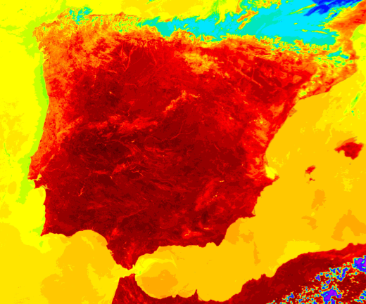 Less than a year after a devastating 2003 heat wave killed over 37,000 people across Europe, another heat wave struck the region. On July 1, 2004, this image from NASA's Moderate Resolution Imaging Spectroradiometer (MODIS) recorded land surface temperatures of 138&deg;F (59&deg;C) in Spain. In this false-color image, red represents the warmest temperatures, yellow is intermediate, and light and dark blue are progressively cooler. Air temperatures in both countries soared over 104&deg;F (40&deg;C). Three days after this image was taken, Spain set a new air temperature record for the nation: 117&deg;F (47&deg;C). Climate models predict more extreme weather events, including heat waves, in the coming decades due to man-made climate change.

Image taken by NASA's Moderate Resolution Imaging Spectroradiometer (MODIS) on July 1, 2004.
Credit: Jacques Descloitres and Ana Pinheiro, MODIS Rapid Response Team, NASA/GSFC.

