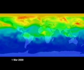 Visualization from model data of carbon monoxide moving around the world.