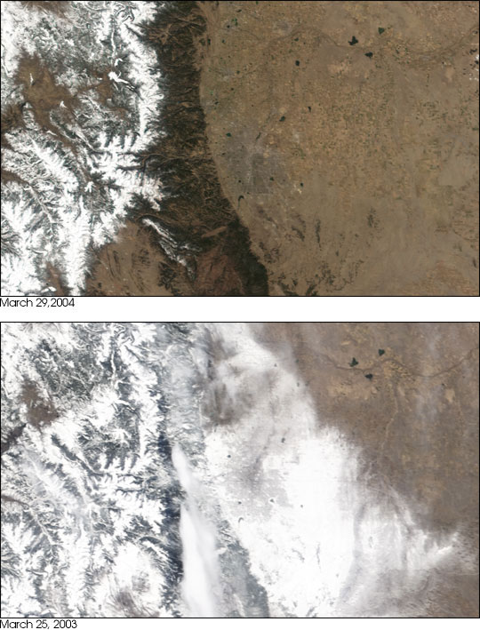 These images from the Moderate Resolution Imaging Spectroradiometer (MODIS) contrast the two very different March days over Denver, Colorado. The first image shows March of 2003 after a record-setting blizzard. The second image shows March of 2004.