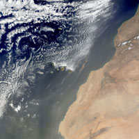 A Saharan dust storm was draped over the Atlantic Ocean and the Canary Islands off northwest Africa. 