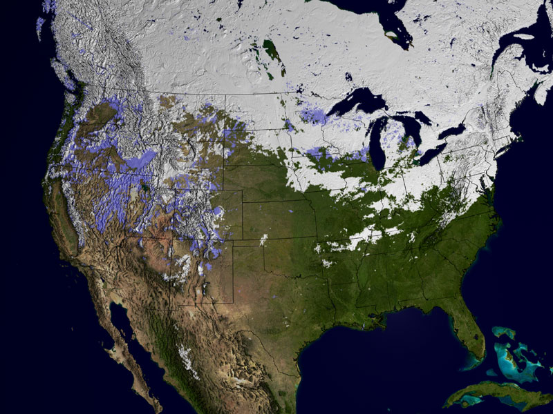This image displays the snow cover from February 21, 2003 in white. Areas with snow cover on February 21, 2002 but not on February 21, 2003 are shown in blue.