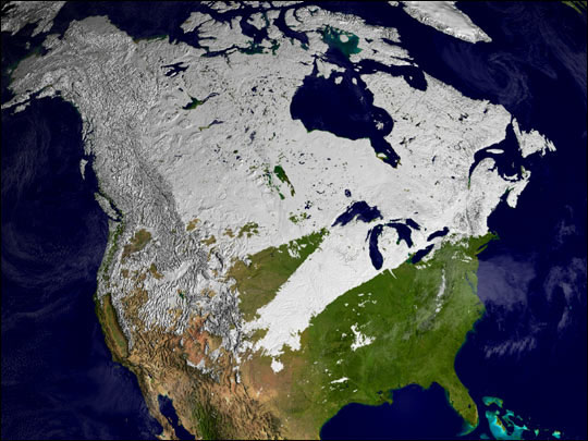 The image above shows snow cover (white pixels) across North America from February 2-9, 2002