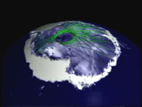 Still from animation showing how the ICESat satellite traverses the Earth, the record of data points increases. Researchers can then map the surface incrementally: as the data record gets denser, the finer the level of detail in some features becomes.