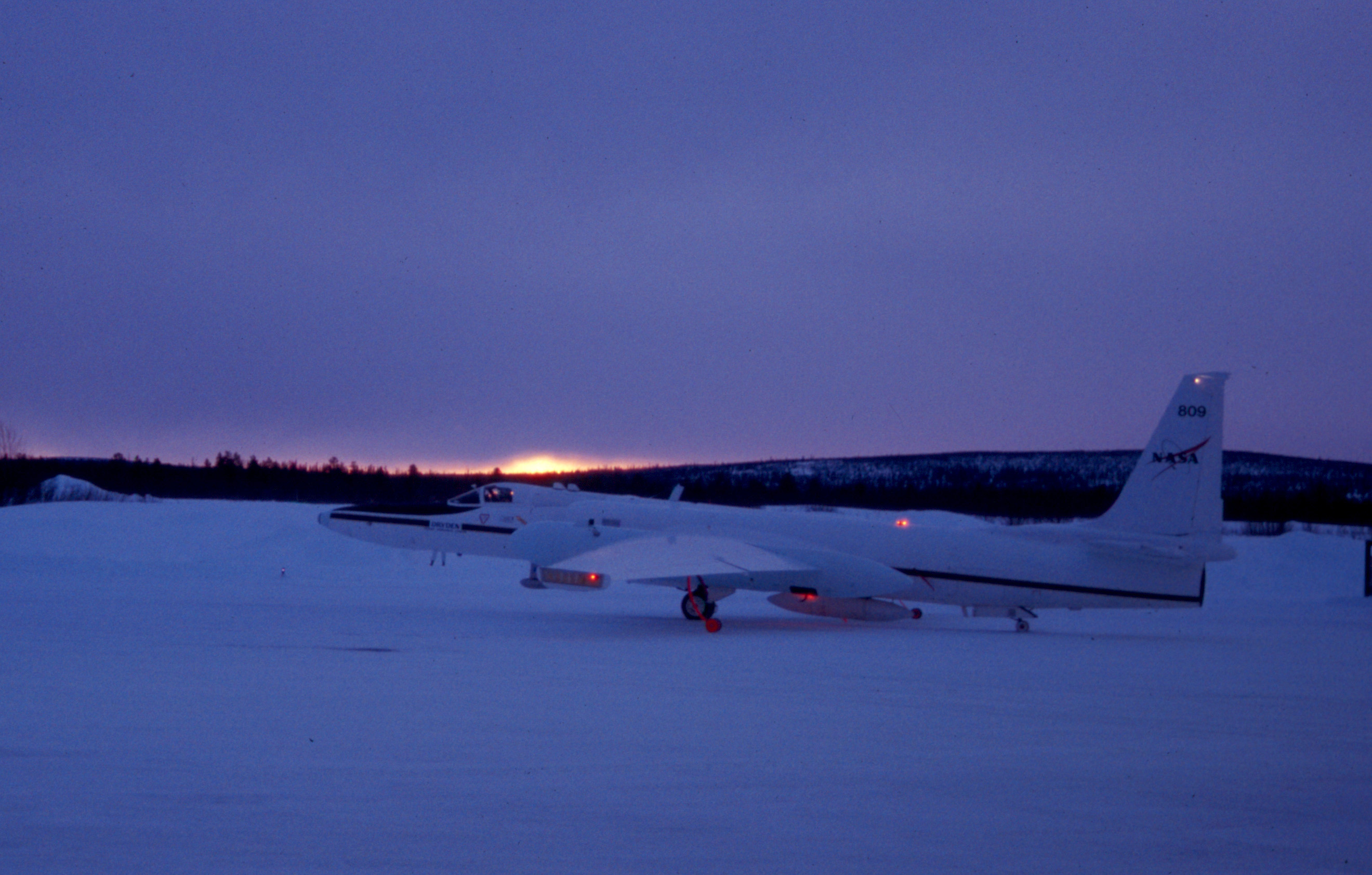 The NASA ER-2 aircraft, prior to takeoff for a SOLVE/THESEO-2000 research flight, at the Arena Arctica research facility in Kiruna, Sweden.