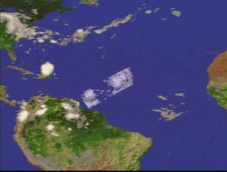 A fly-in to Tropical Storms Emily and Cindy on August 25, 1999, showing the three-dimensional structure of the precipitation as measured by the Precipitation Radar instrument on TRMM.  In this animation, a surface of constant precipitation is colored by the value of the precipitation on the ground under the surface.  The global cloud cover data was measured by GOES.