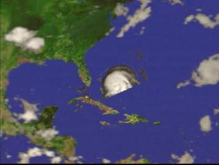 A fly-in to Hurricane Dennis on August 27, 1999, showing the three-dimensional structure of the precipitation as measured by the Precipitation Radar instrument on TRMM.  In this animation, a surface of constant precipitation is colored by the value of the precipitation on the ground under the surface.  The global cloud cover data was measured by GOES.