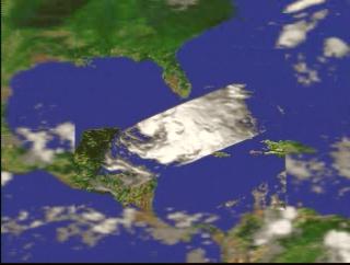 A fly-in to Hurricane Irene on October 14, 1999, showing the three-dimensional structure of the precipitation as measured by the Precipitation Radar instrument on TRMM.  In this animation, a surface of constant precipitation is colored by the value of the precipitation on the ground under the surface.  The global cloud cover data was measured by GOES.