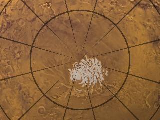 A close-up view of the Martian south pole with grid lines, from Viking imagery