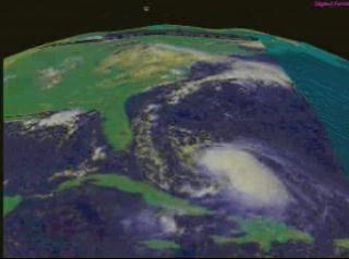 An animated sequence of cloud data from GOES showing Hurricane Dennis off the coast of Florida is added to the globe, with the animation speed and transparency of the data controlled interactively 