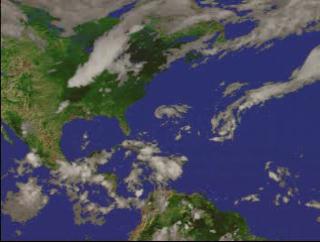 A fly-in to Tropical Storm Florence on September 12, 2000, showing the three-dimensional structure of the precipitation as measured by the Precipitation Radar instrument on TRMM.  In this animation, a surface of constant precipitation is colored by the value of the precipitation on the ground under the surface.  The global cloud cover data was measured by GOES.