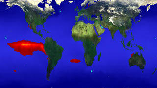 Global sea surface temperature anomaly for the last week of December 1982 during El Niño, as measured by NOAA AVHRR.  Red regions are 2 to 5 degrees warmer than normal and cyan regions are 2 to 5 degrees colder than normal. The shades of blue on the background ocean represent sea surface temperature, with dark blues representing temperatures less than about 10 degrees Celsius.