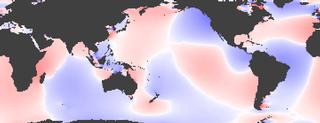 Flat image of Earth showing areas of high and low ocean levels, in red and blue, respectively