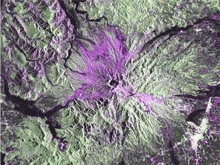 SIR-C instrument shows ash of Pinatubo in false color.