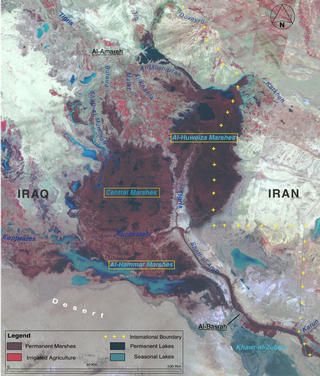 The marshlands of Mesopotamia as seen by Landsat in 1973, with the rivers, marshes, and countries labeled.