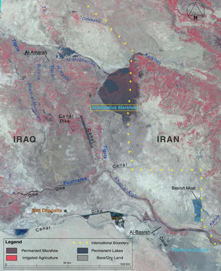The marshlands of Mesopotamia as seen by Landsat in 2000, with the rivers, marshes, and countries labeled.
