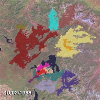 This animation shows the progression of the fires in and around Yellowstone National Park during the summer of 1988, overlayed on a false-color image from Landsat 7.  Independent fires are shown in different colors, and the most recently burned areas are shown in a brighter color.This product is available through our Web Map Service.