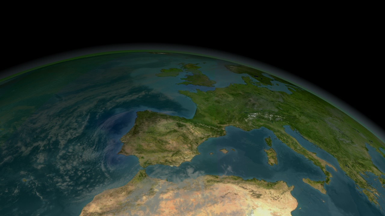 Animation depicting the Aura satellite collecting (simulated) OMI data over the earth.