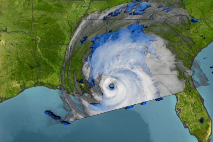 Zoom down to Hurricane Ivan on September 16, 2004, as its attacks Alabama, Florida, Lousianna, and Georgia. The TRMM ispacecraft lets us see past the clouds to see the rain that fuels the storm. Blue represents areas with at least 0.25 inches of rain per hour.  Green shows areas of 0.5 inches of rain per hour.  Yellow is a least 1.0 inches of rain.  Red shows the most intense rains where over 2.0 inches per hour were recorded.