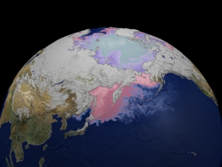 This image shows the snow cover and sea ice surface temperature on March 15, 2003.
