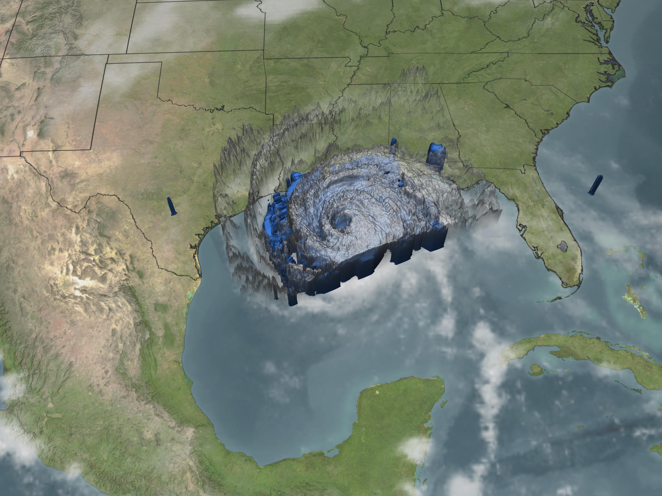Hurricane Rita on Friday, September 23, 2005.  The blue region represents areas where the storm is dumping at least 0.25 inches of rain per hour.