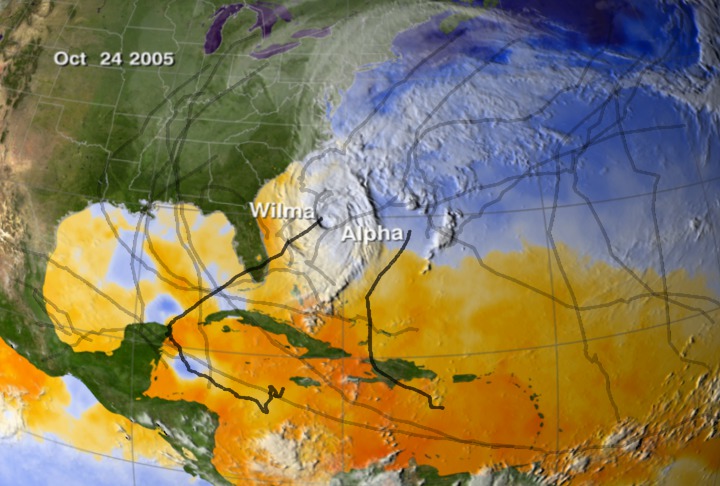 The 2005 Hurricane season showing sea surface temperatures, clouds, and storm tracks