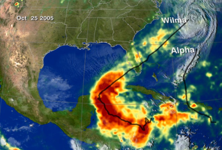 Hurricane Wilma and Tropical Storm Alpha rain accumulation trails as of October 25, 2005