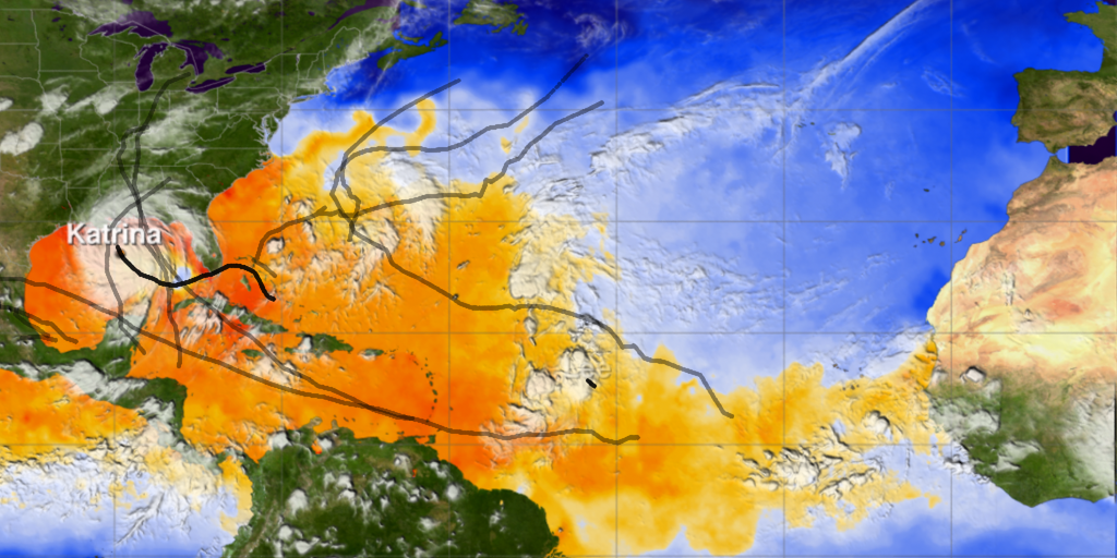 The 2005 hurricane season showing sea surface temperatures, clouds, and named storm tracks.  Cloud data comes from GOES-12 and sea surface temperature comes from AMSR-E.This product is available through our Web Map Service.