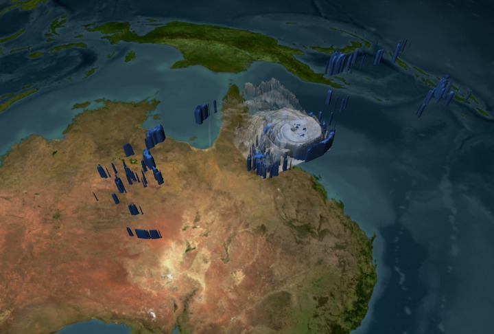 Tropical Cyclone Larry on March 19, 2006 just before it made landfall in Australia.  Look underneath of the clouds to see the rain that powers the storm. 
Blue represents areas with at least 0.25 inches of rain per hour. Green shows at least 0.5 inches of rain per hour. Yellow is at least 1.0 inches of rain and red is at least 2.0 inches of rain per hour.