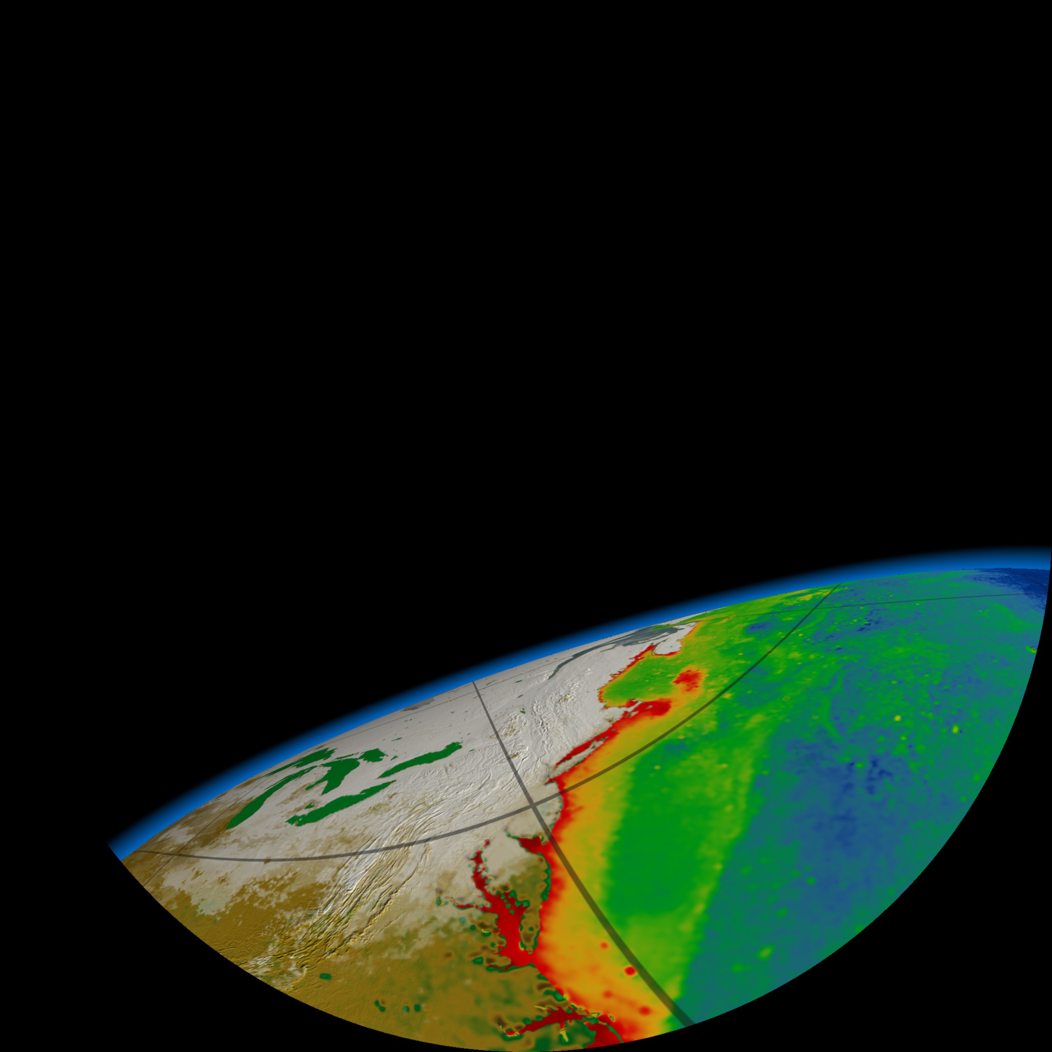 Fly over North America to Greenland (fisheye lens render)