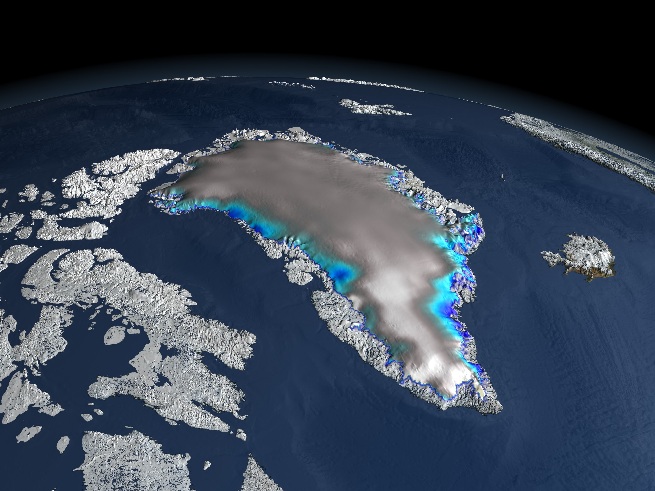This image shows changes in the elevation over the Greenland ice sheet as colors displayed over topography of Greenland measured by ICESat.