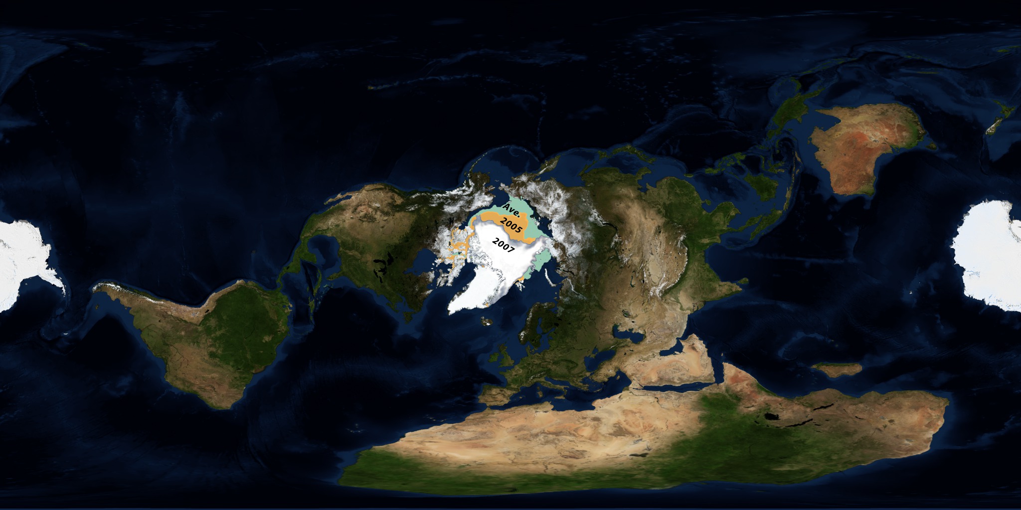 This animation compares the minimum sea ice extent from 2005 and 2007 with the average minimum extent.