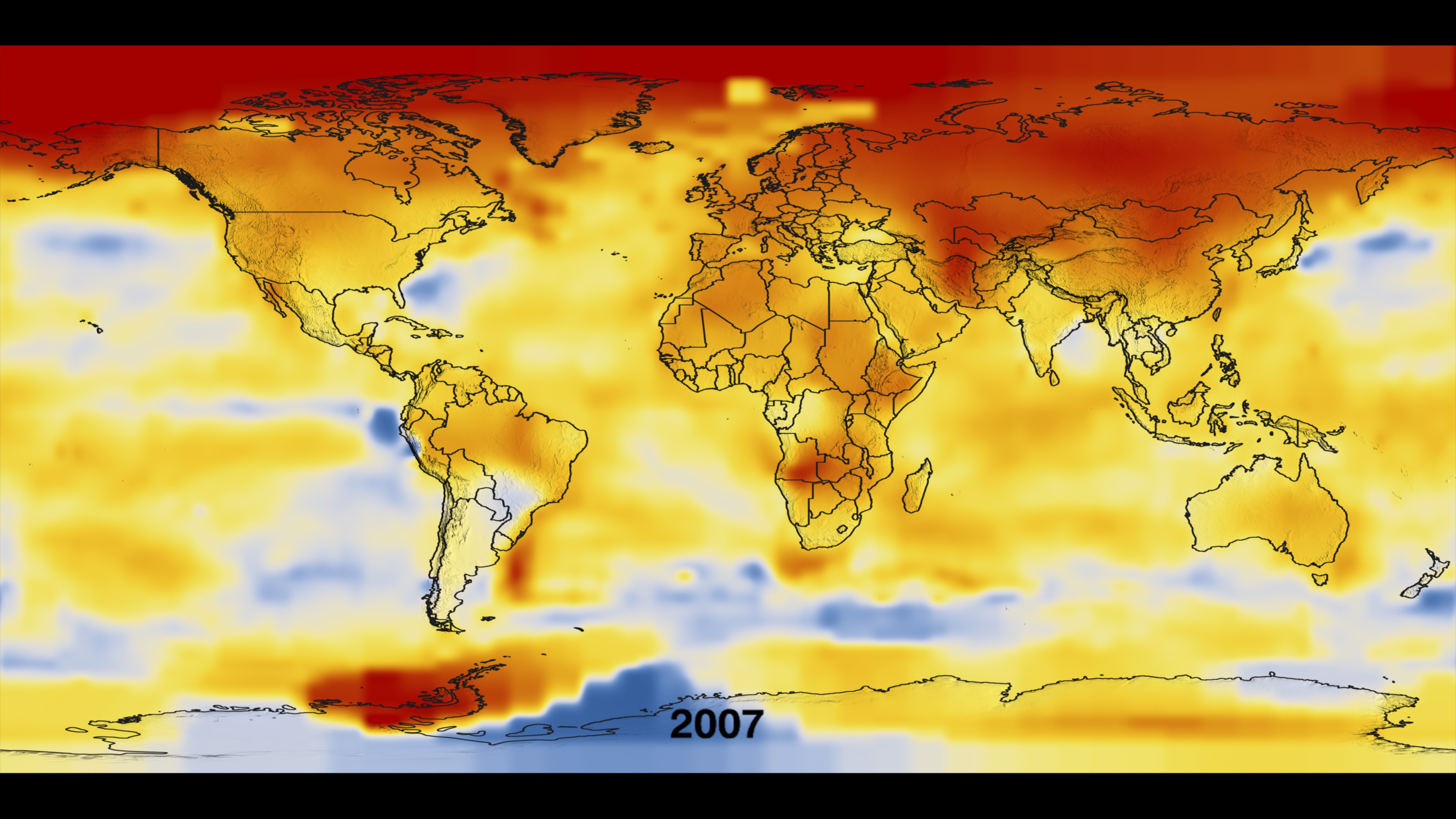 This data visualization of global temperature differences from 1881 to 2007.  Dark blue areas show regions where the temperature was cooler then the average temperature.  Red areas show regions where the temperature was warmer then the average.