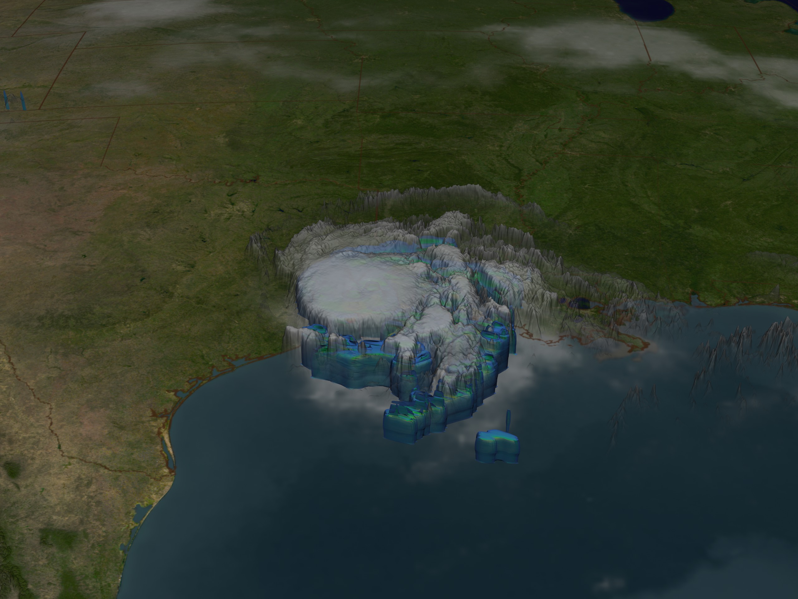 Tropical Storm Eduoard on August 5, 2008. Peer through the clouds to see the storms structure. The blue region represents areas where the storm is dumping at least 0.25 inches of rain per hour and the green region is raining 0.5 inches of inches per hour.