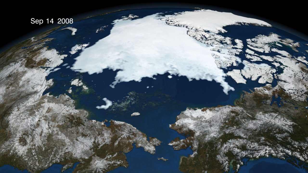 The animation of Arctic sea ice from January 1 through September 12, identified by NSIDC as the minimum extent for 2008. This animation has a two second hold on September 12, 2008. The date is displayed in the upper left corner.
