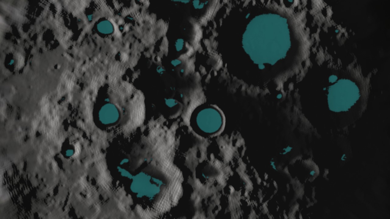 This sample composite combines all the animation elements listed below to visually tell the story of permanent shadows on the Moon.  The aquamarine areas highlight the permanently shadowed regions.