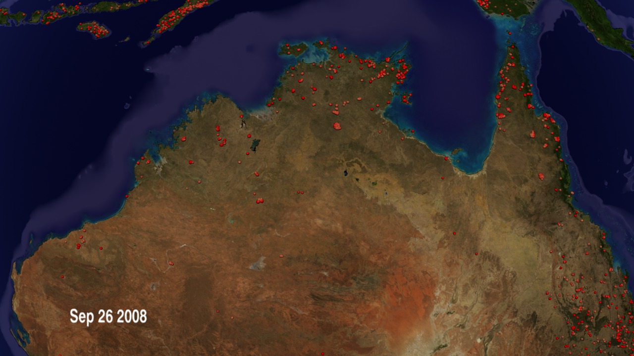 This animation shows global fires in 2007 and then zooms to the Northern Territory of Australia and shows fires in 2008.  The Northern Territory has one of the highest frequencies of early season fires in Australia because land managers there conduct numerous prescribed fires to reduce grass that could act as fuel for more severe wildfires later in the dry season(May until October).