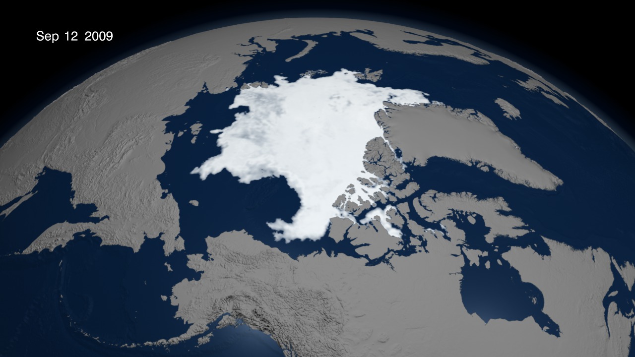 This animation shows the retreat of the sea ice over the Arctic from 7/1/2009 through 9/12/2009. 