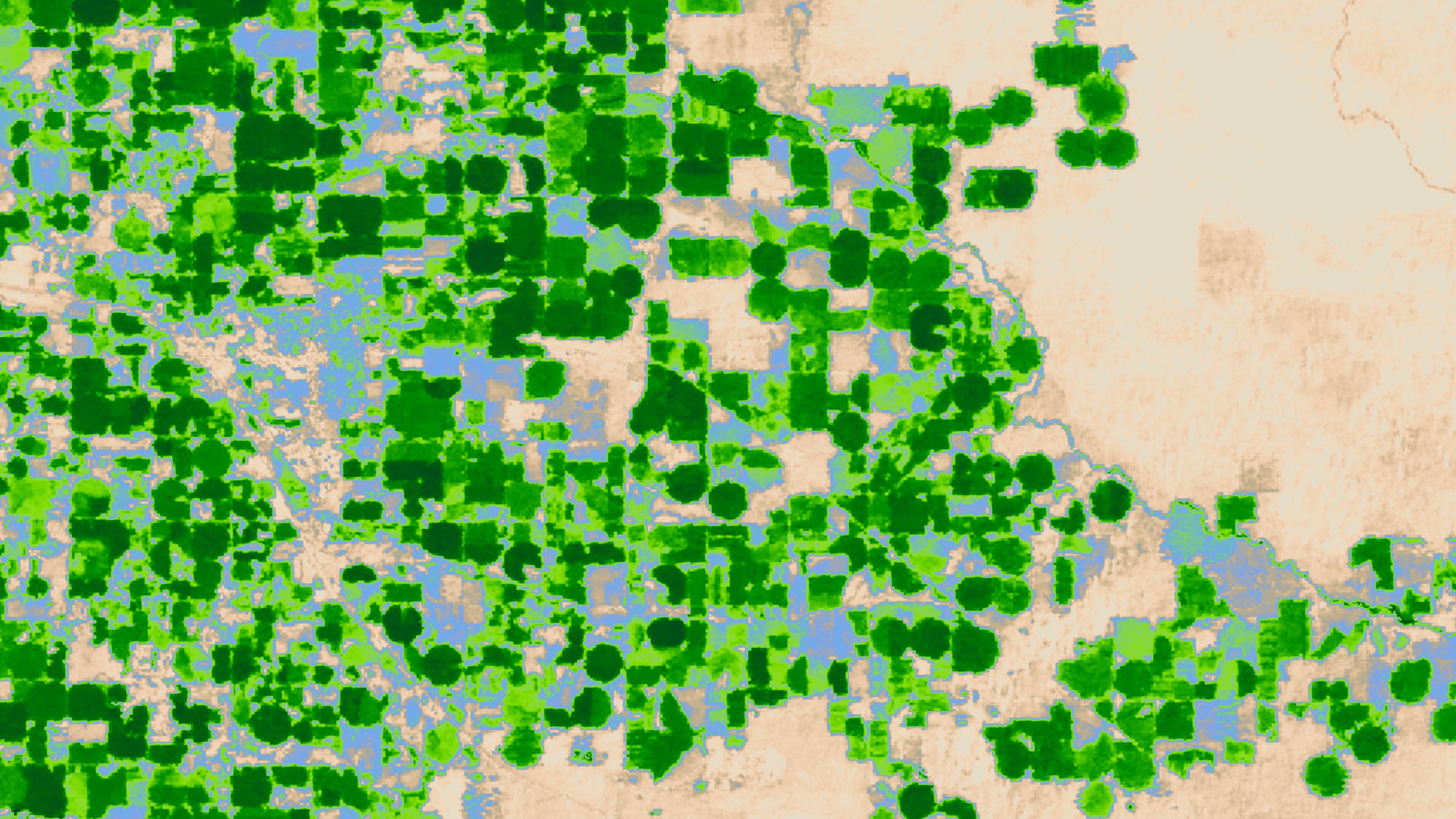 In this animation, the first image shows an agricultural region in Idaho on August 14, 2000, captured in the visible spectrum. The round, green circles are irrigated farm fields. The second image, using Landsat's thermal band, depicts cooler and warmer areas. Irrigated fields appear cooler because evapotranspiring water absorbs energy and cools the fields. The thermal image dissolves into a map of evapotranspiration, created using the METRIC tool.