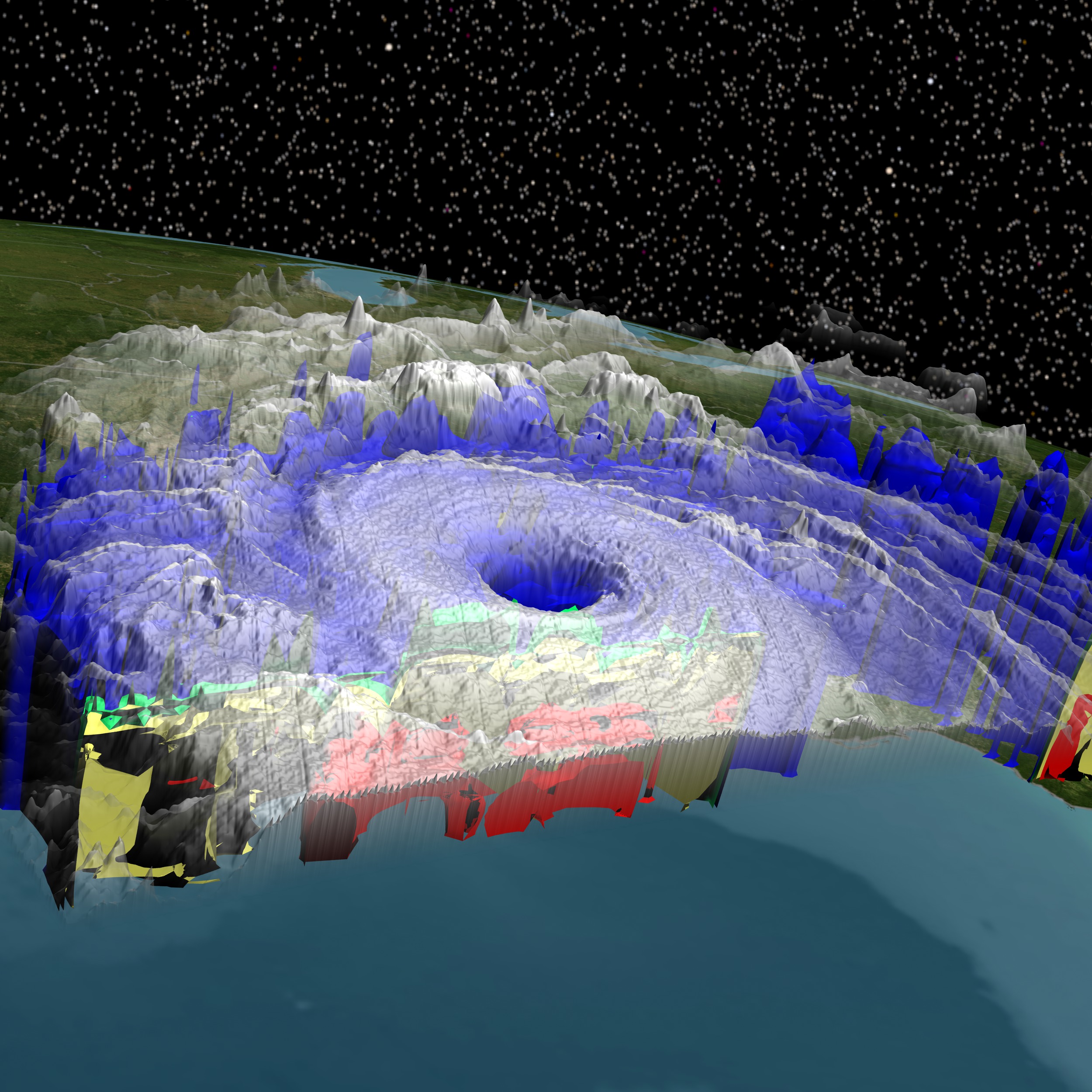 Right eye view of Hurricane Katrina revealing some of the internal structure as seen by the TRMM satellite.