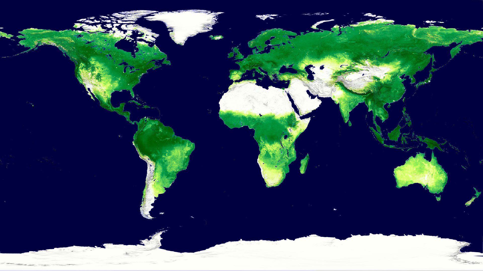 The gross primary productivity of the world's land areas for the period 2000-2009 as calculated from Terra's MODIS instrument.  The original 8-day average GPP data has been smoothed to a 24-day average to make the animation less noisy. This product is available through our Web Map Service.