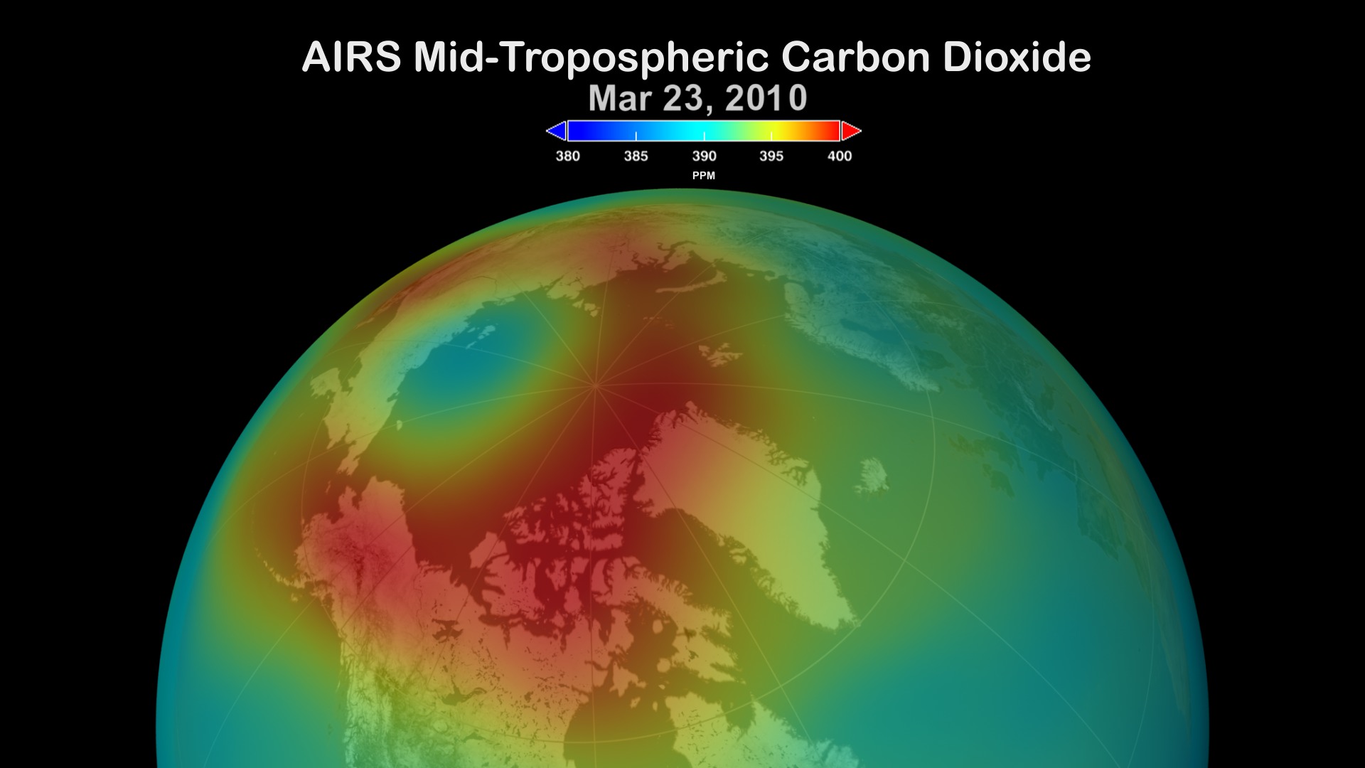 Arctic CO2 in the mid-troposphere (8-12 km altitude) over the period February 2010 through February 2011.  The AIRS data have been combined over a 9-day window and then assimilated by a Fixed Rank Kriging (FRK) process that smoothes the data based upon spatial covariances that are neither stationary nor isotropic.  The FRK methodology was developed by a group in the Program in Spatial Statistics and Environmental Sciences at The Ohio State University.  For More information on this methodology, click here.