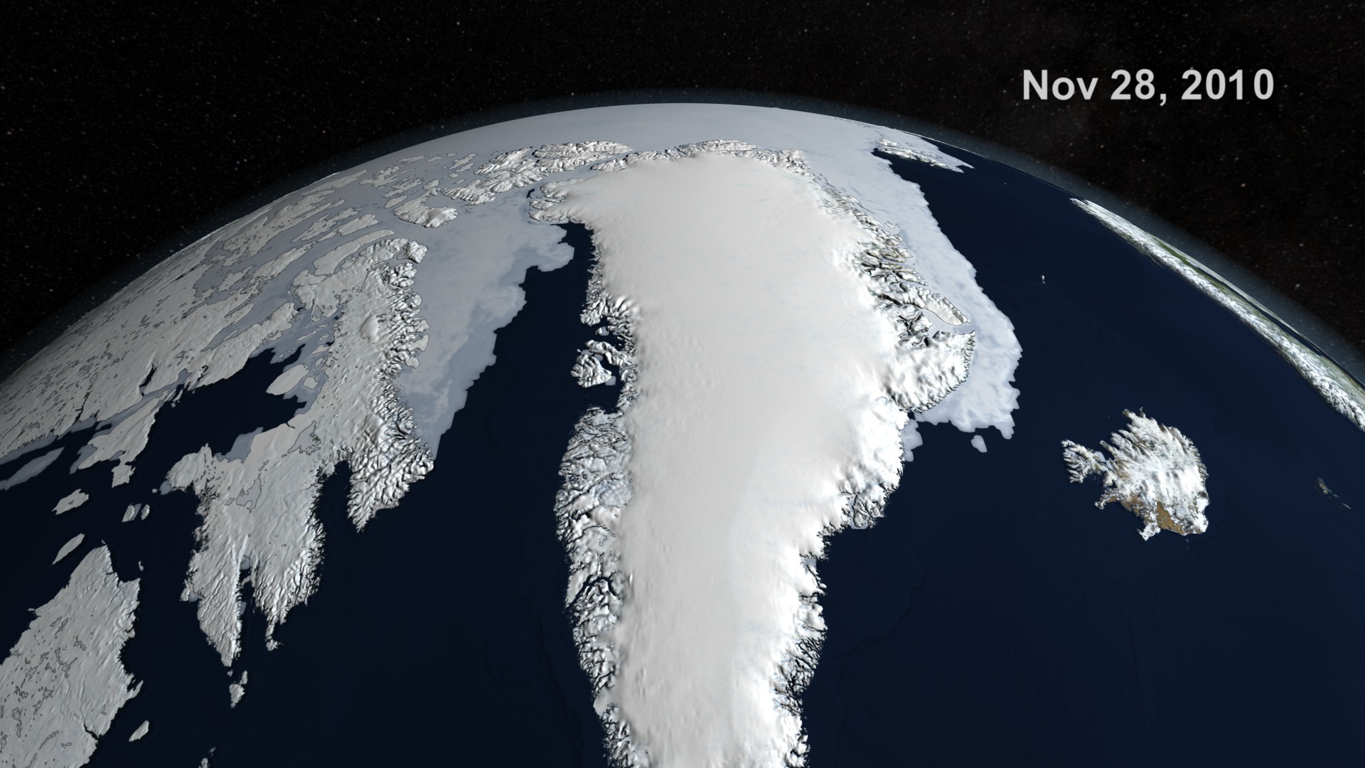 An animation of the Arctic sea ice from September 17th 2009 through March 16, 2011 with a date overlay and a star background.