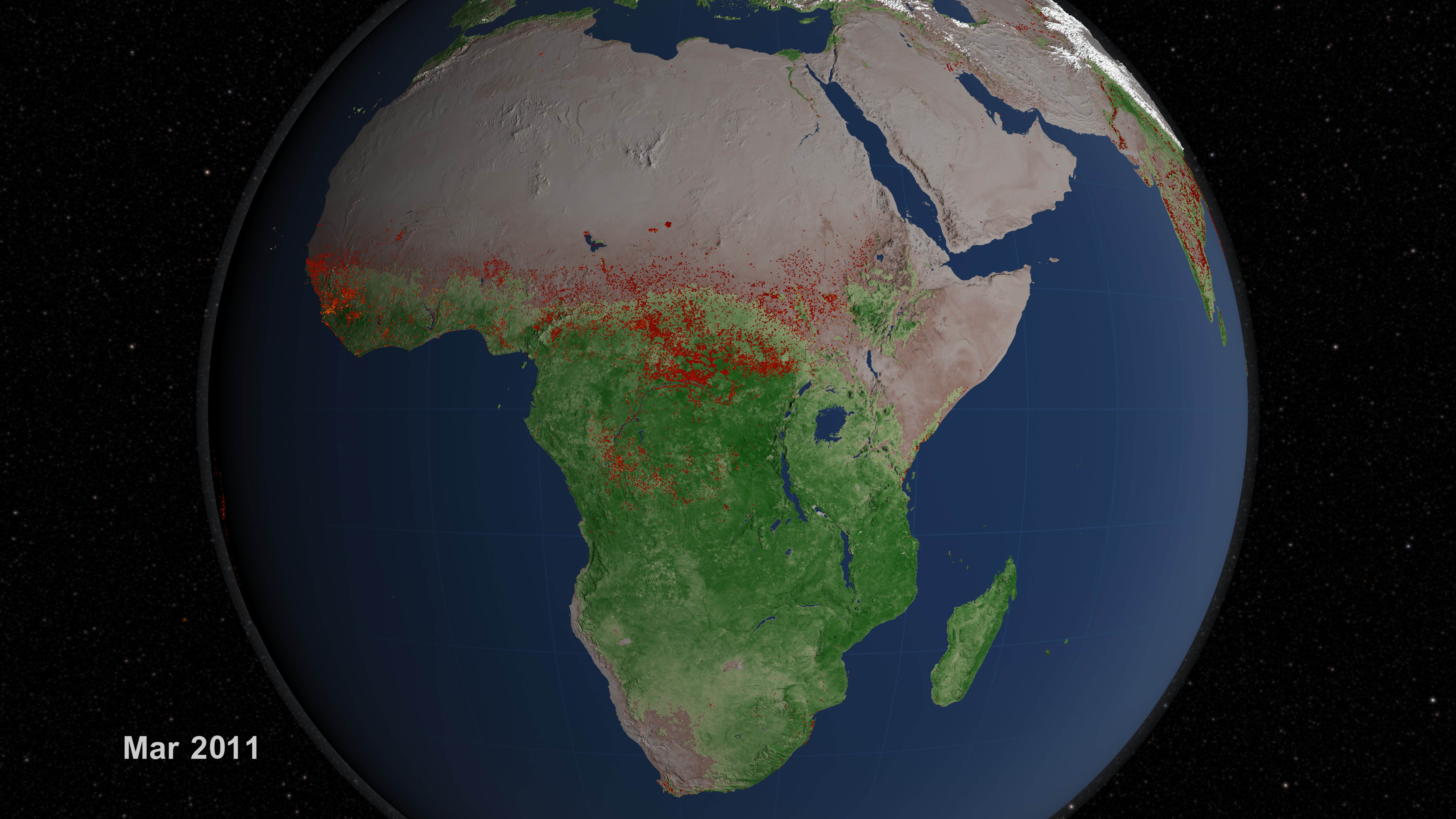 Eleven years of MODIS Fires in Africa over 16 day composite MODIS NDVI and 16 day composite MODIS snow and ice.