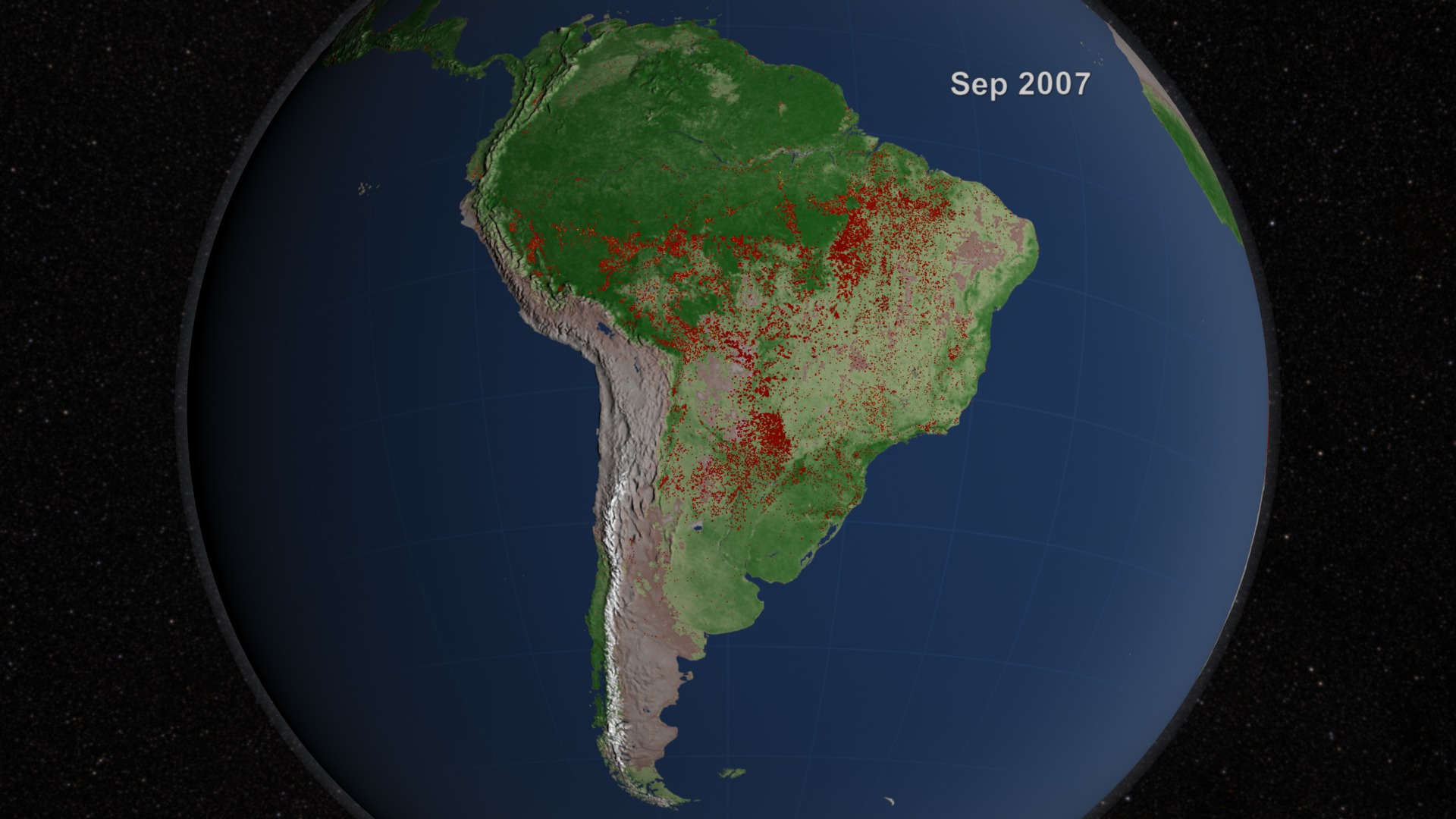 This animation shows fires over MODIS NDVI in South America from July 2002 through July 2011.  The still image seen here is from July 15, 2007 where fires scorched more than 3 million acres.  Naturally ocurring fires are not uncommon in the drier forests and grasslands of South America, but this type of intense, continent-spanning fire activity is almost certainly a product of human activities.