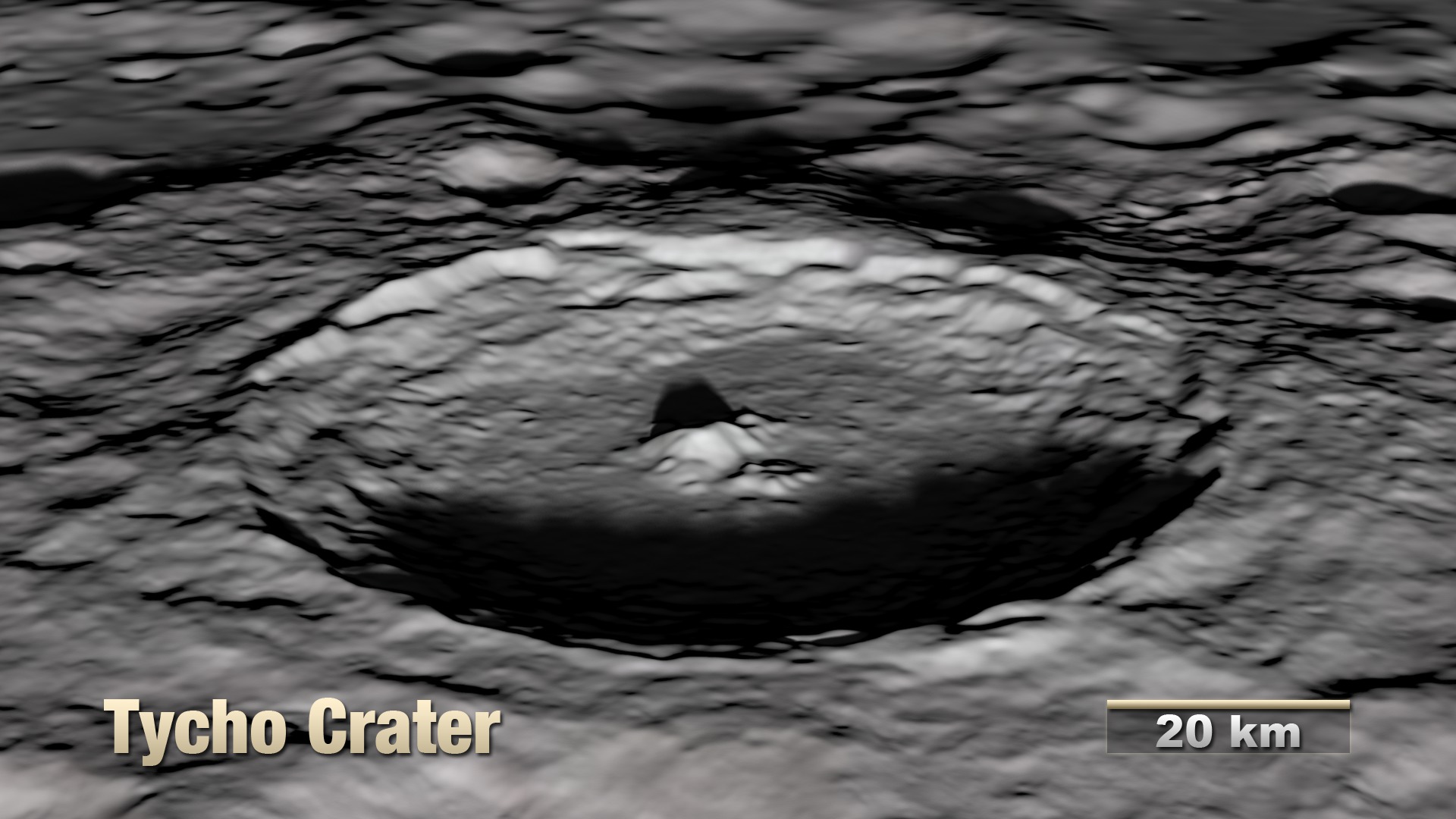 The viewer flies over the lunar terrain, coming in for close looks at a variety of interesting sites. Color coded elevation highlights the terrain of some sites. Includes feature title and scale.