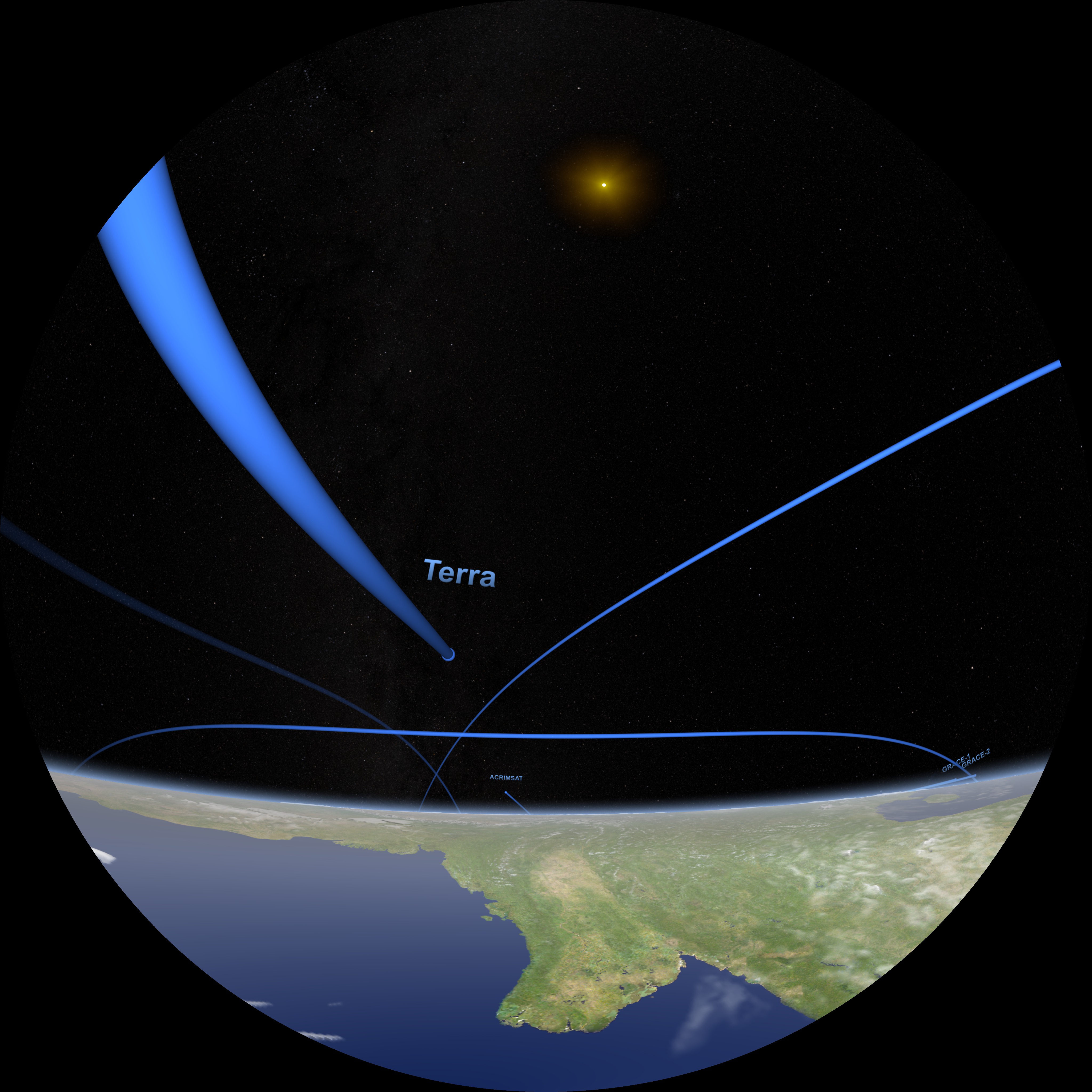 NASA's Earth observing fleet orbiting Earth with the Sun and star layers composited.  The individual layers are available below.