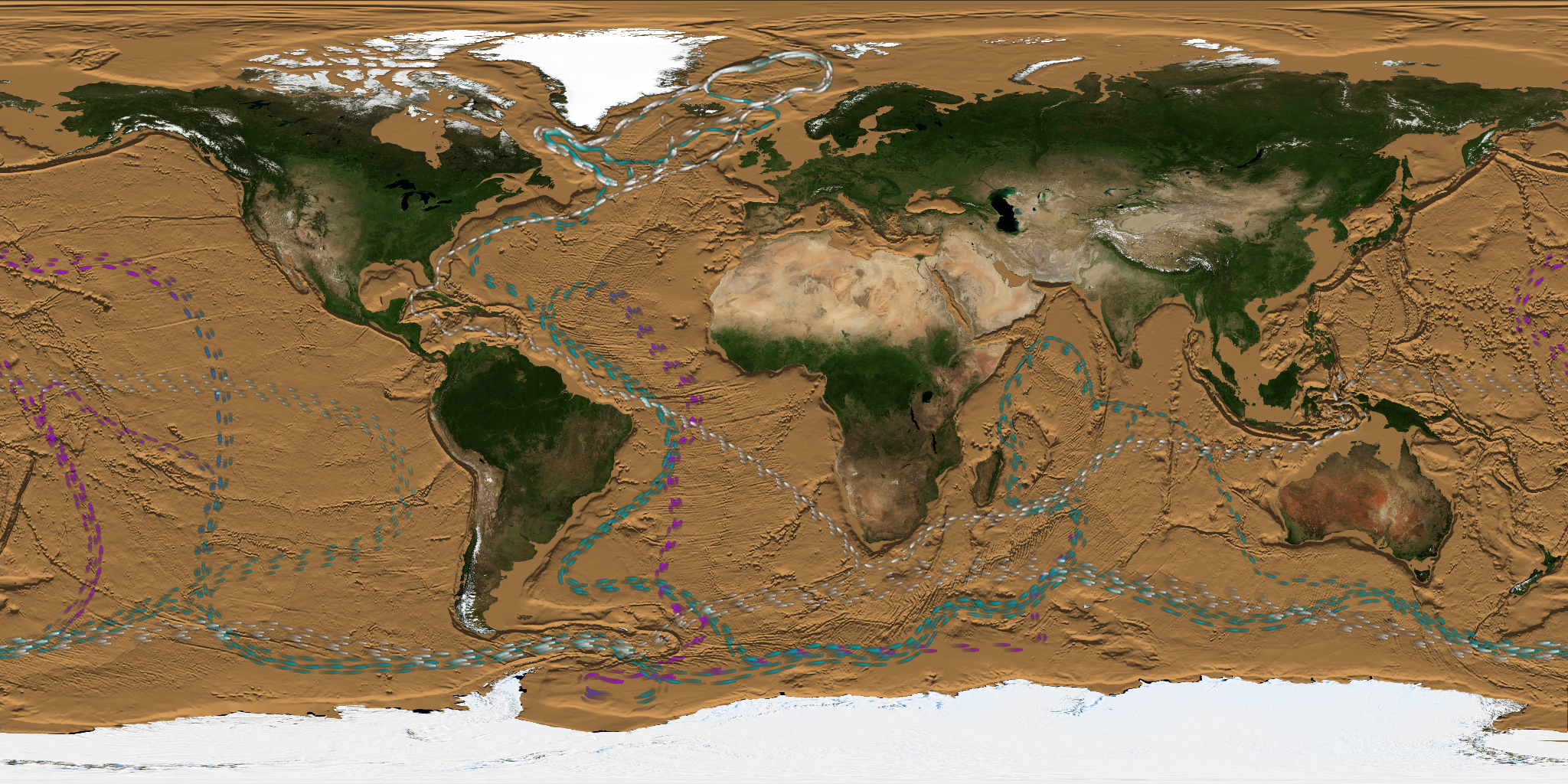 All 3 thermohaline layers (shallow, middle, and deep) composited over the Earth background.  This version can be looped.